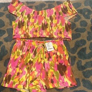 Free People Neon Pink Yellow Green Camo Ribbed Bikini Set